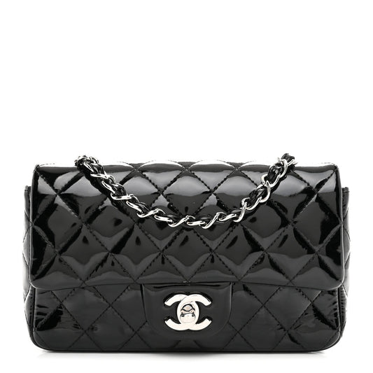 Patent Calfskin Quilted Mini Rectangular Flap Black