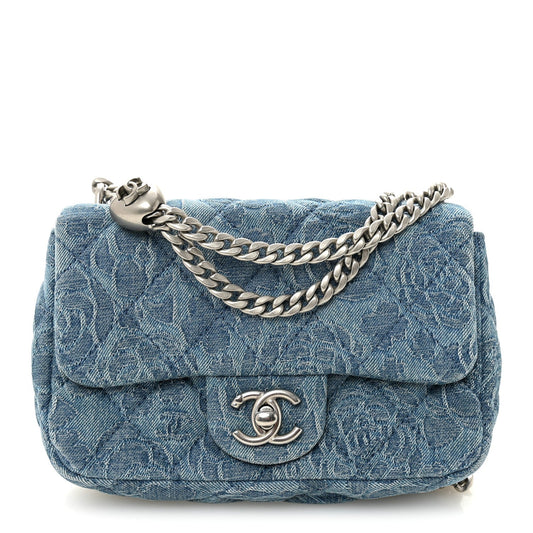 Denim Quilted Camellia Sweetheart Mini Rectangular Flap Blue