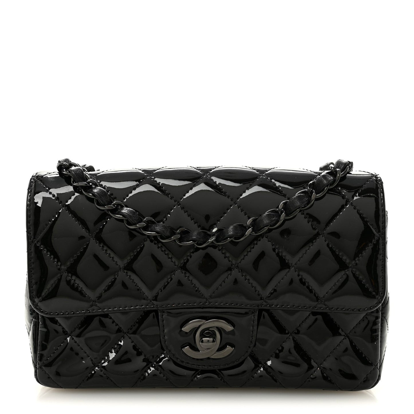 Patent Calfskin Quilted Mini Rectangular Flap So Black