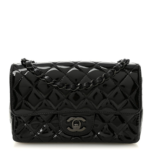 Patent Calfskin Quilted Mini Rectangular Flap So Black