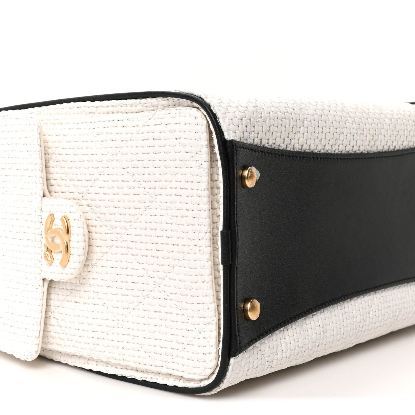 Braided Raffia Calfskin Quilted Small Chanel 25 Handbag White Black
