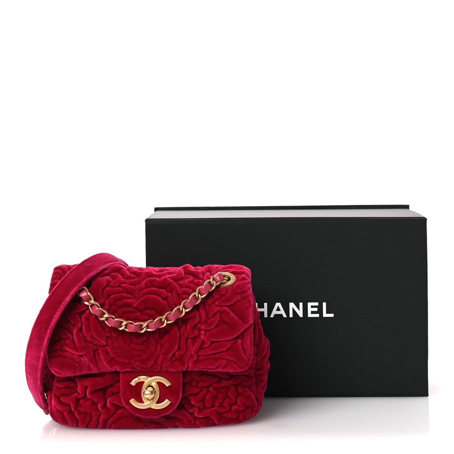 Velvet Camellia Embossed Mini Square Flap Fushia