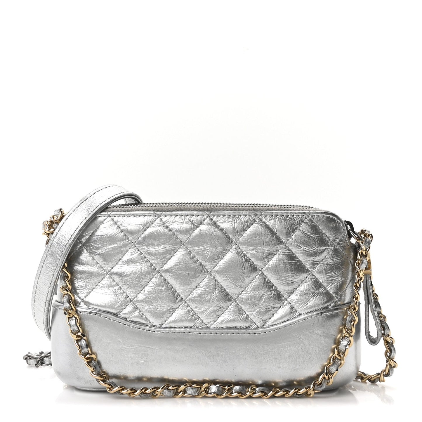 Metallic Lambskin Calfskin Quilted Small Gabrielle Clutch With Chain Silver