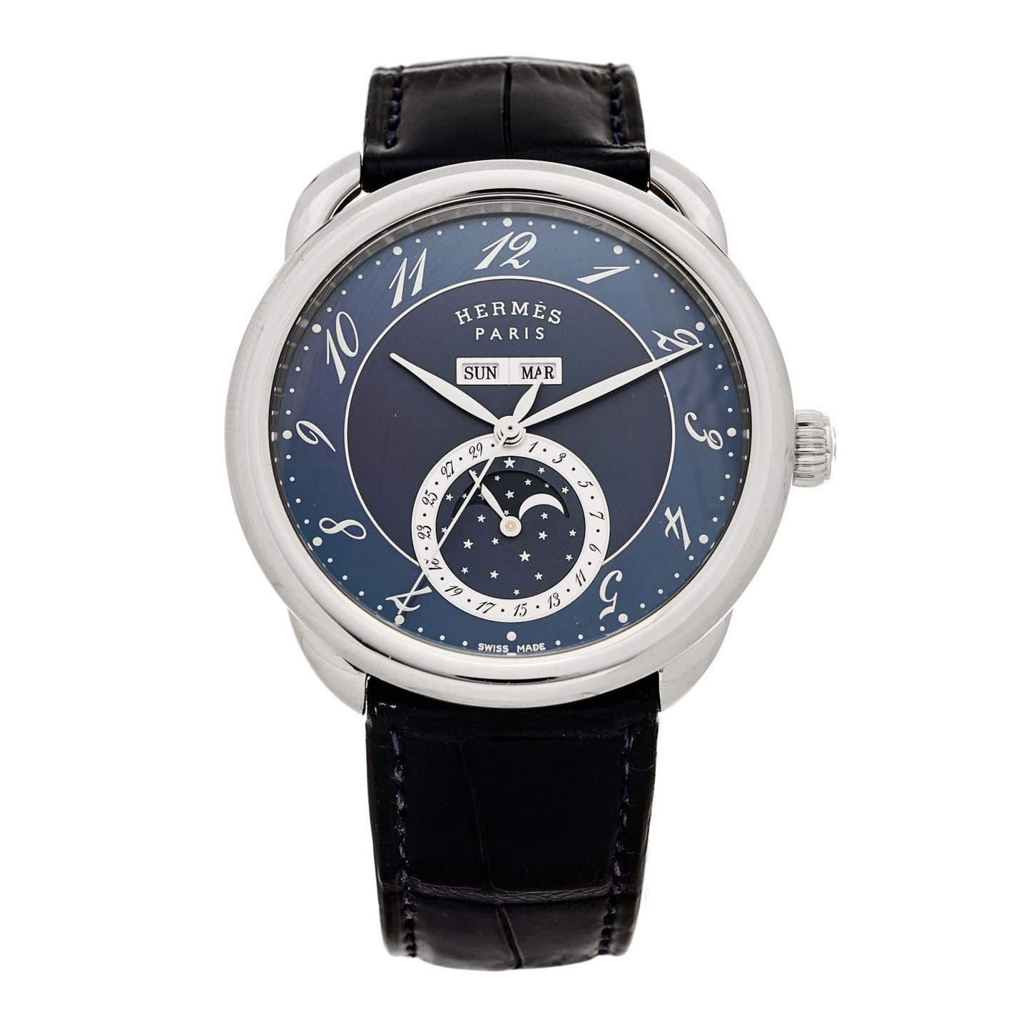 Stainless Steel Alligator 43mm Arceau Grande Lune Automatic Watch Bleu Abysse
