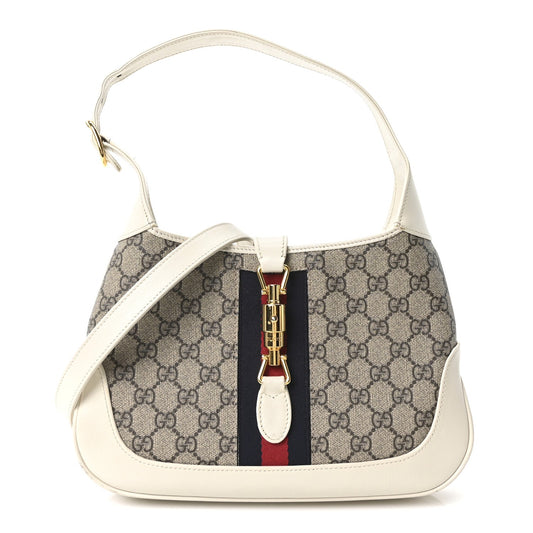 GG Supreme Monogram Azalea Calfskin Web Small Jackie 1961 Hobo Beige Ebony Mystic White
