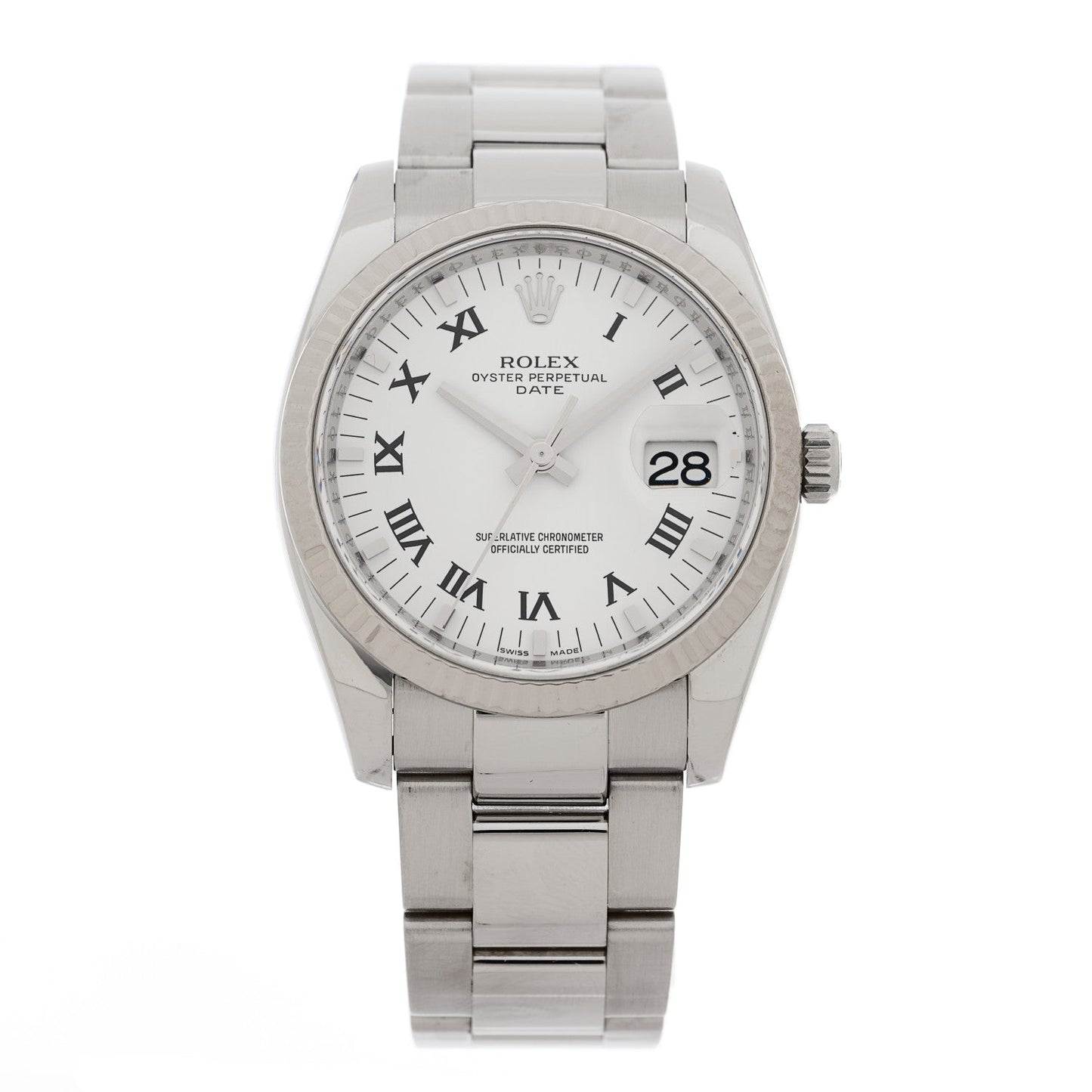 Stainless Steel 18K White Gold Diamond 34mm Oyster Perpetual Date Watch White Roman 115234