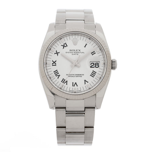 Stainless Steel 18K White Gold Diamond 34mm Oyster Perpetual Date Watch White Roman 115234