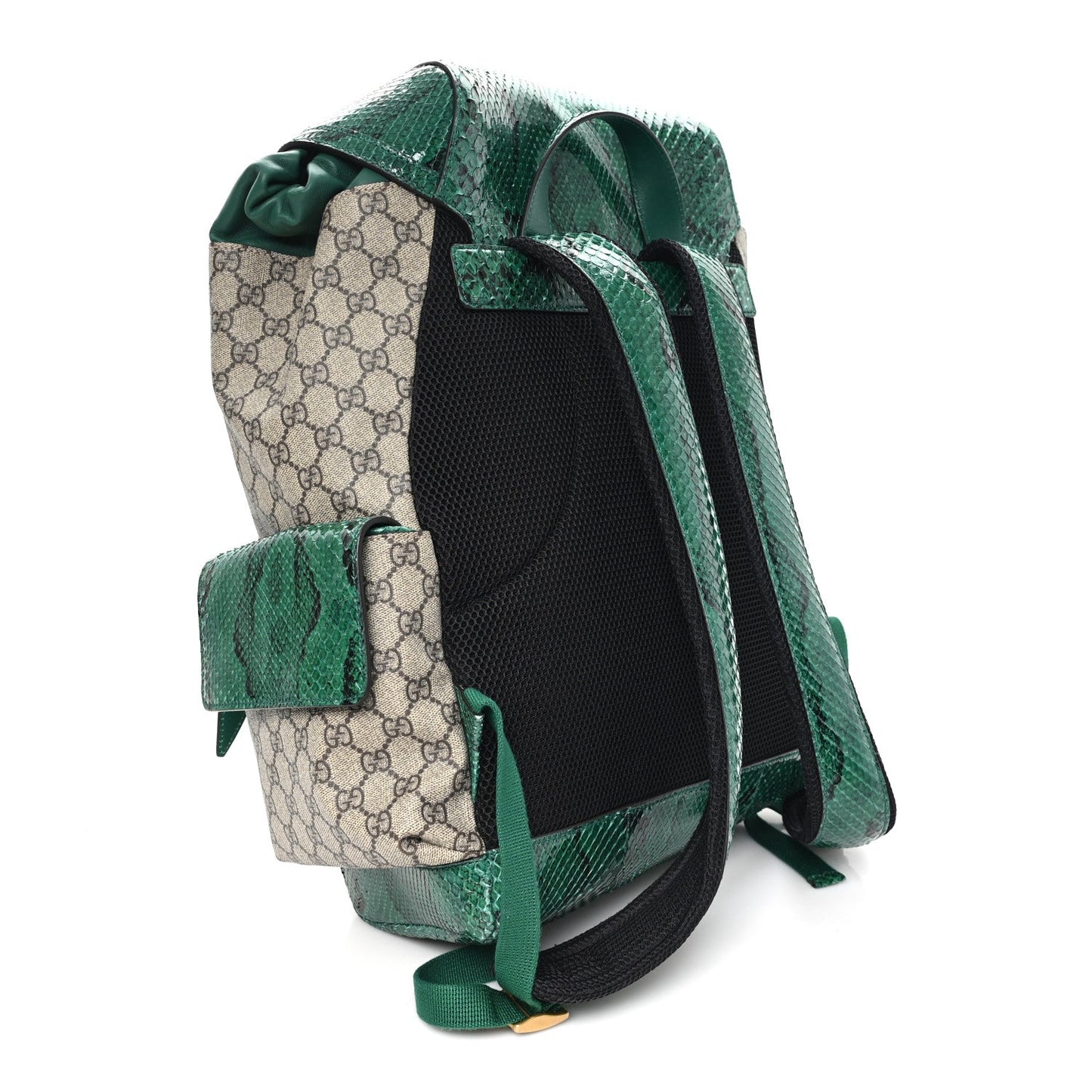 GG Supreme Monogram Snakeskin Ophidia Double Buckle Backpack Brown Green
