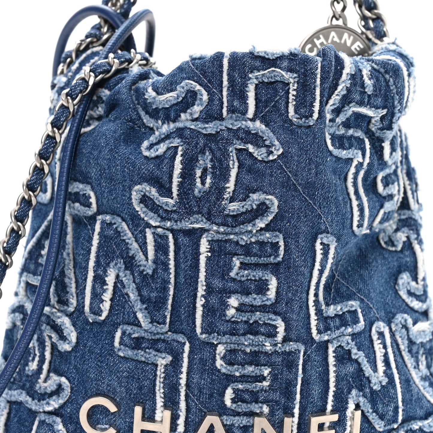 Washed Denim Logo Embroidered Mini Chanel 22 Blue
