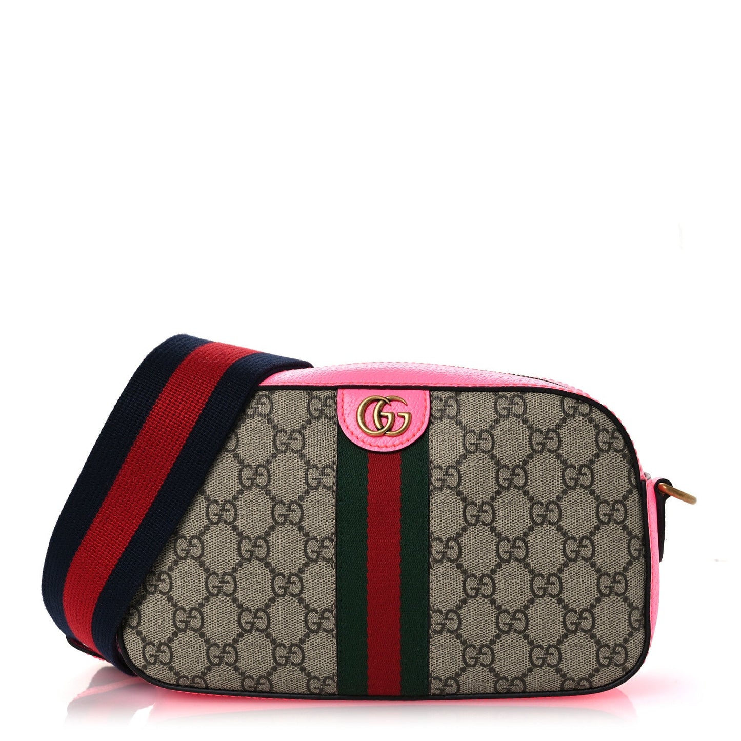 GG Supreme Monogram Textured Dollar Calfskin Web Ophidia Small Crossbody Bag Beige Ebony Fuchsia