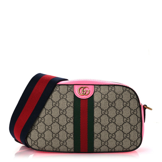 GG Supreme Monogram Textured Dollar Calfskin Web Ophidia Small Crossbody Bag Beige Ebony Fuchsia