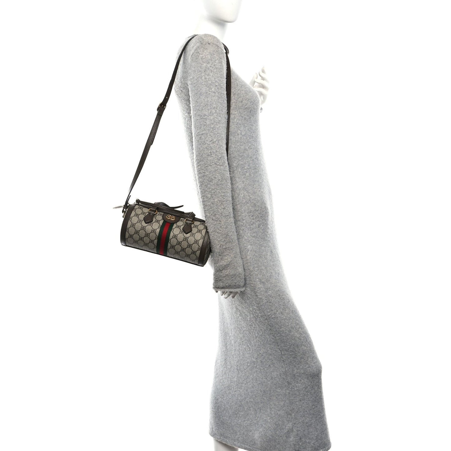X BALENCIAGA BB Supreme Monogram Web Small Ophidia Boston Bag Beige New Acero