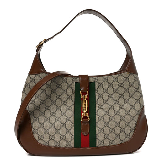 GG Supreme Monogram Azalea Calfskin Web Medium Jackie 1961 Hobo Beige Ebony Brown Sugar