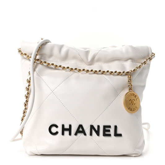 Shiny Calfskin Quilted Mini Chanel 22 White Black