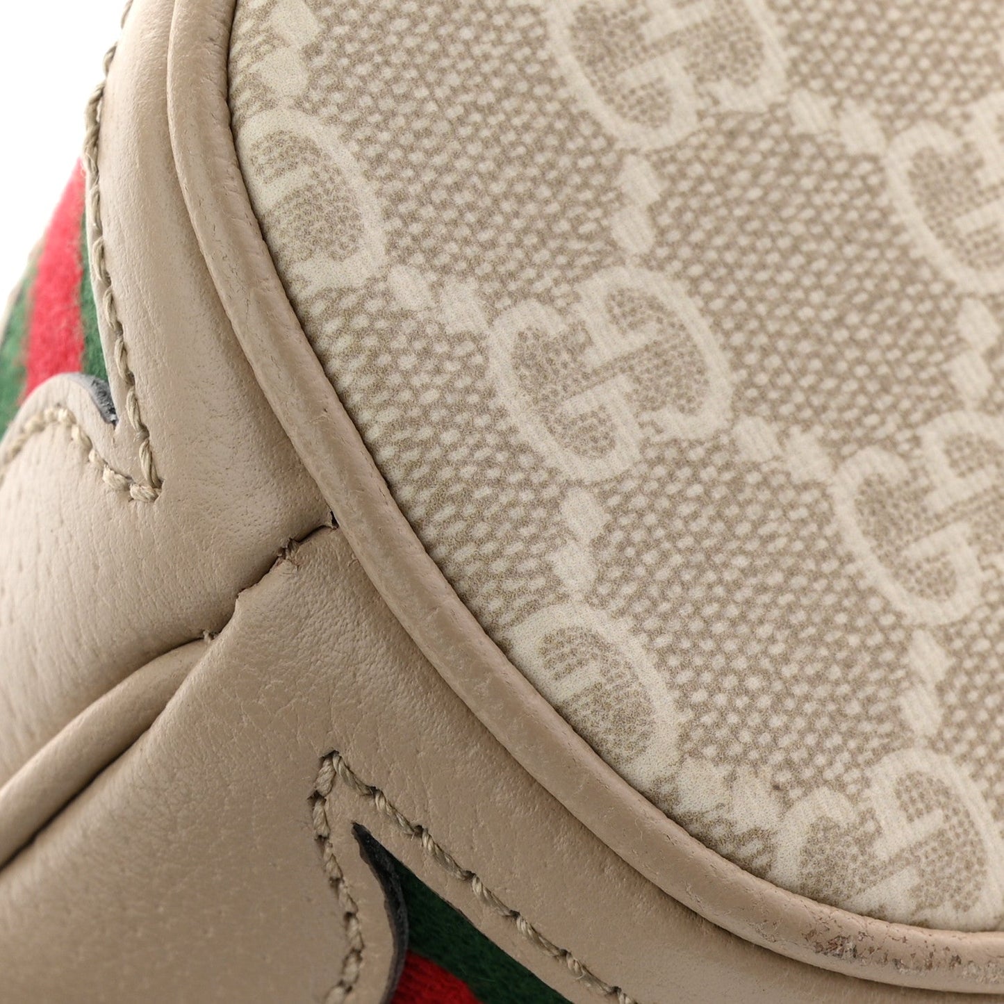 GG Supreme Monogram Textured Calfskin Web Mini Ophidia Bucket Bag Beige Ebony Mystic White Oatmeal
