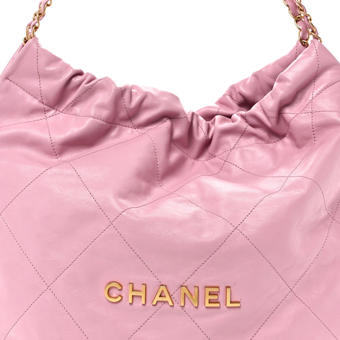 Shiny Calfskin Quilted Chanel 22 Drawstring Bag Pink