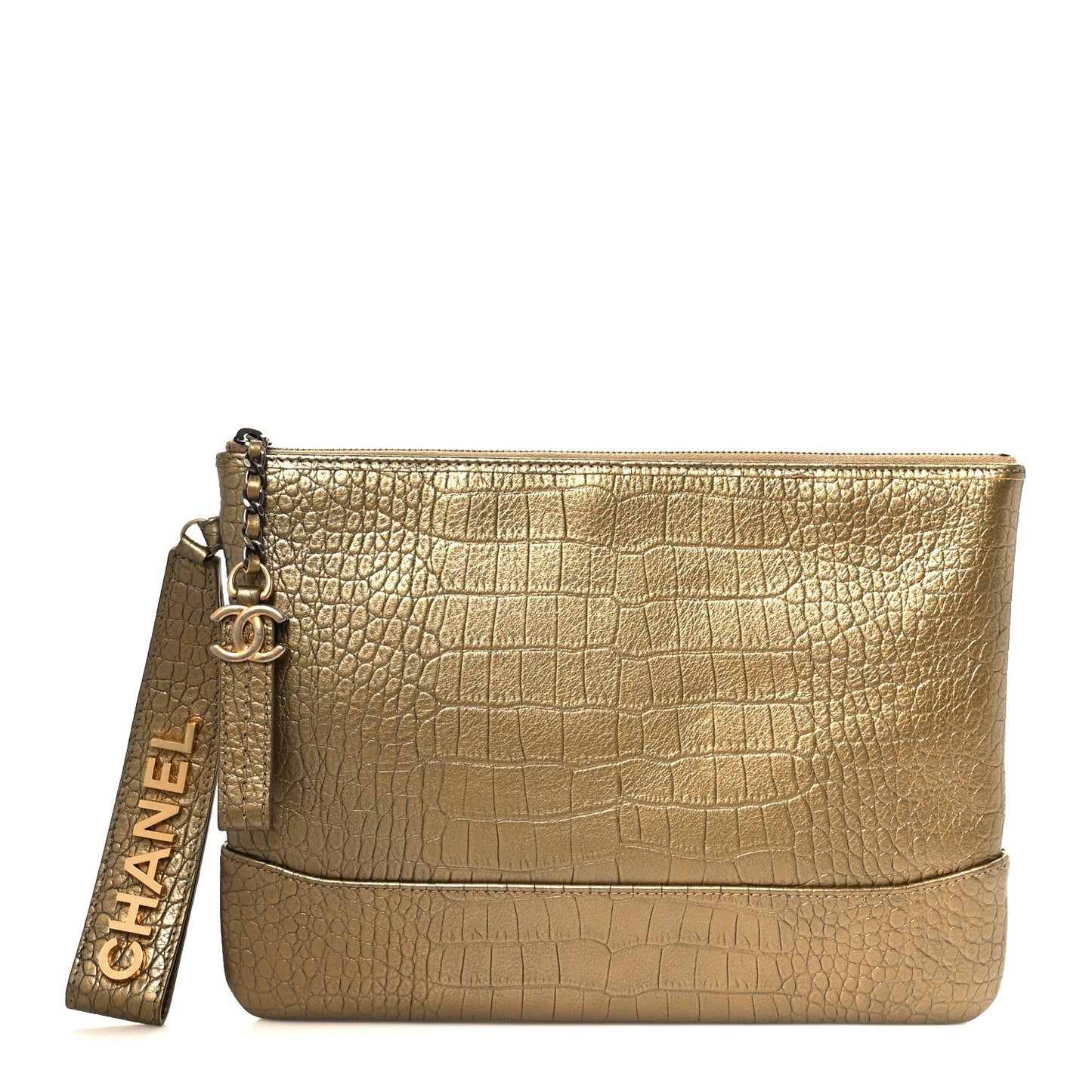Metallic Calfskin Crocodile Embossed Medium Gabrielle Cosmetic Case Gold