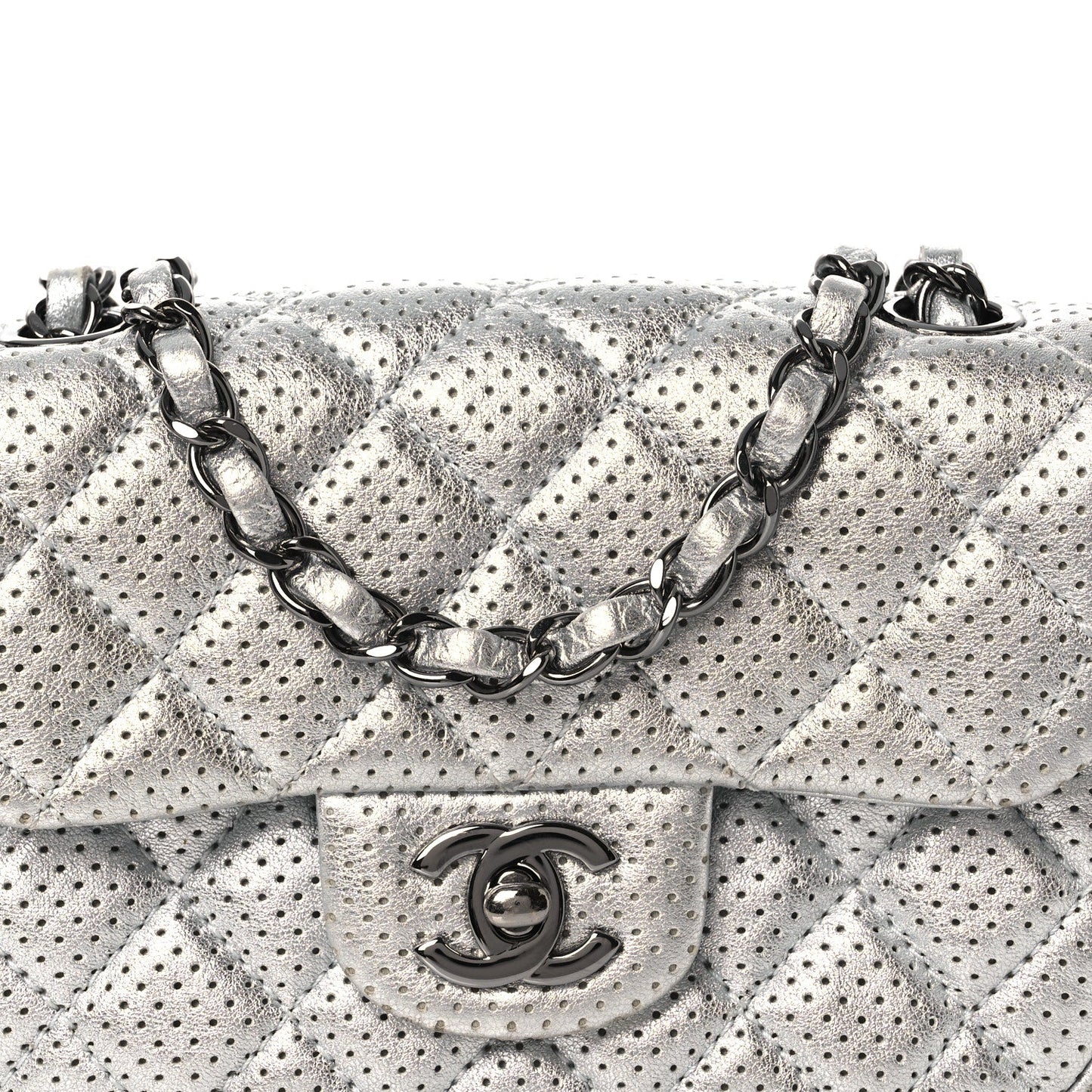 Metallic Lambskin Perforated Mini Rectangular Flap Silver