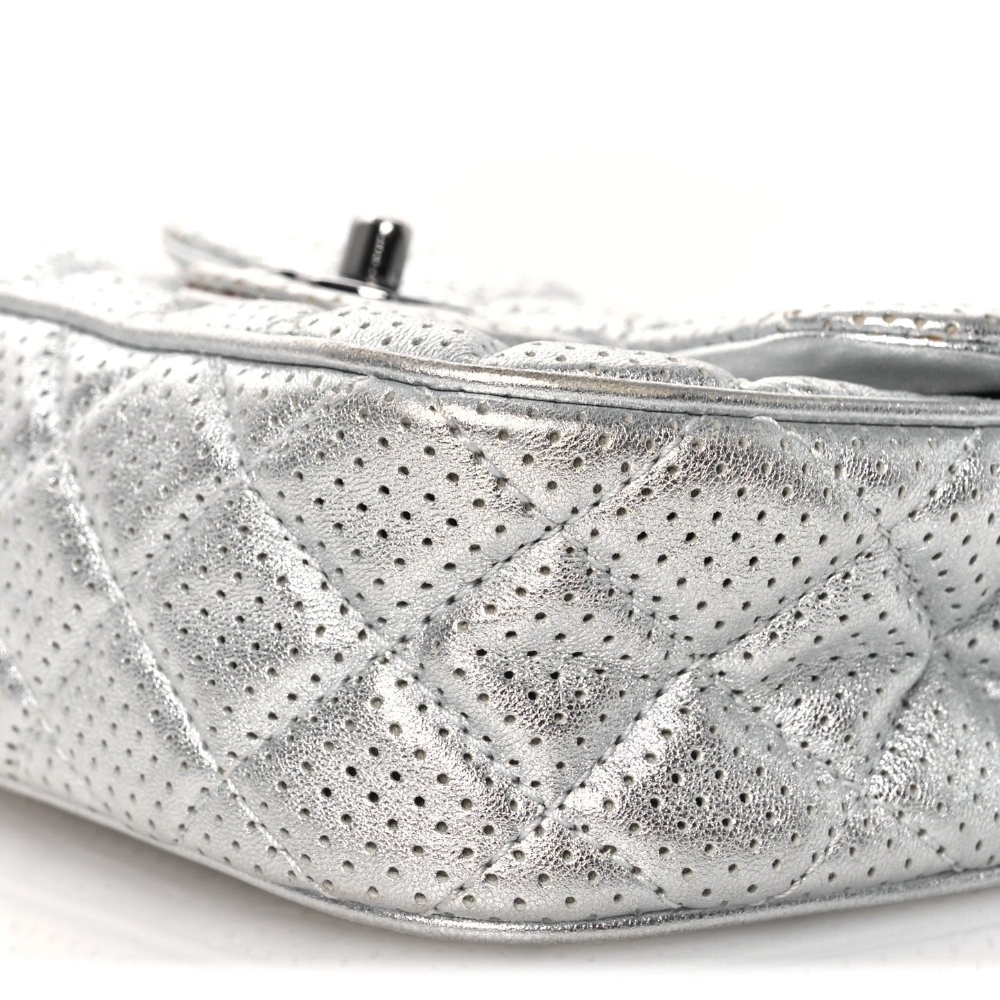 Metallic Lambskin Perforated Mini Rectangular Flap Silver