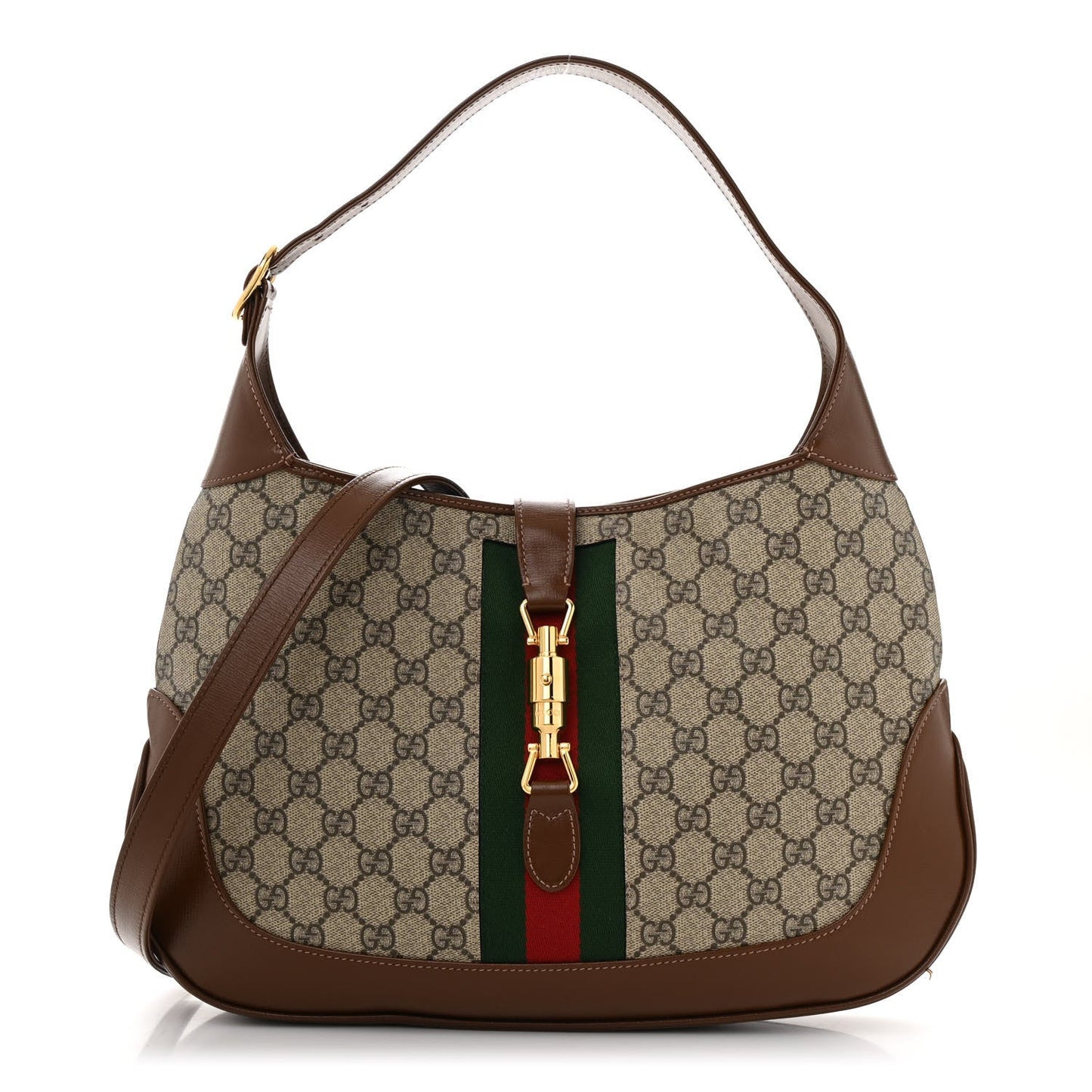 GG Supreme Monogram Azalea Calfskin Web Medium Jackie 1961 Hobo Beige Ebony Brown Sugar