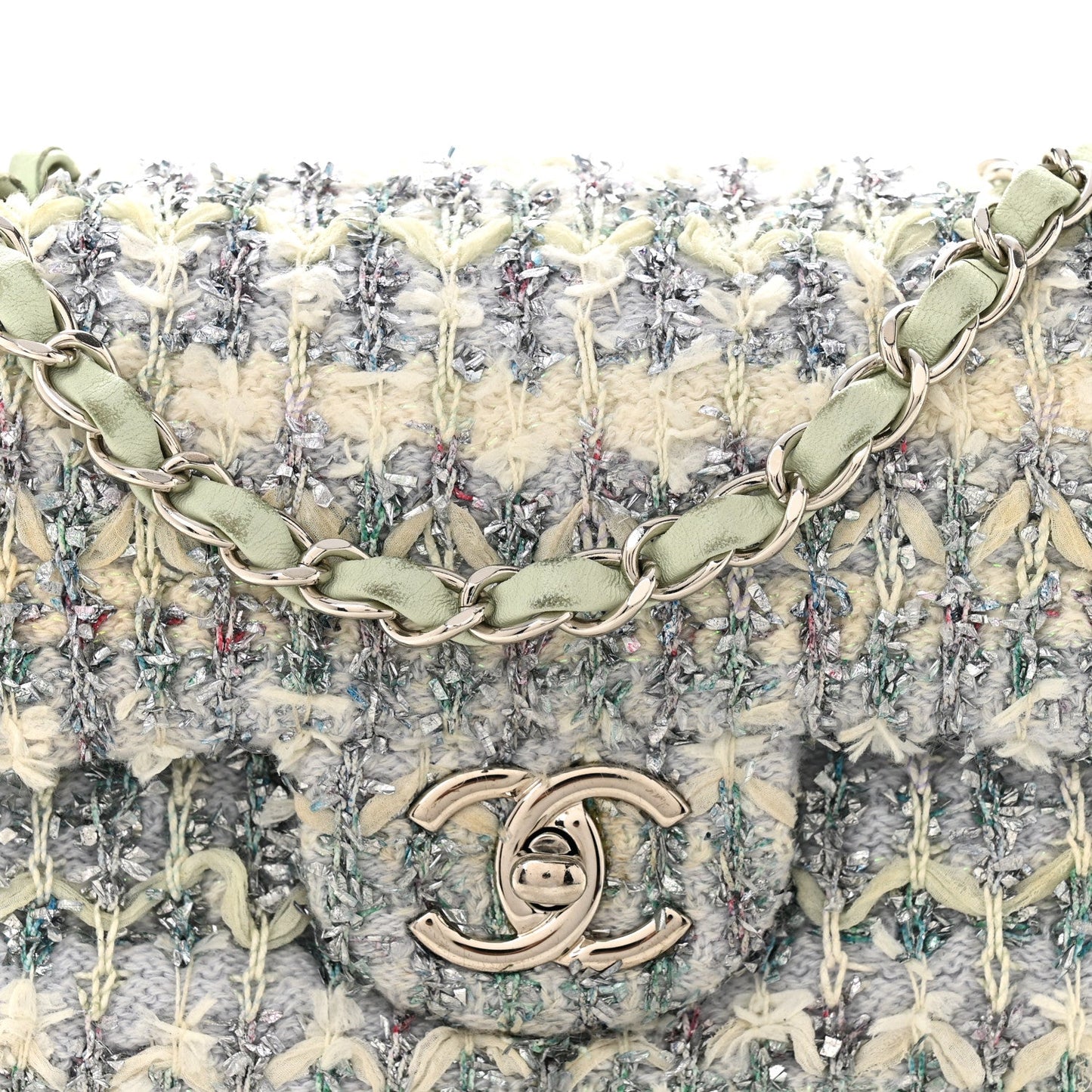 Tweed Quilted Mini Rectangular Flap Light Green Silver White