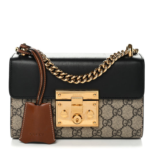 GG Supreme Monogram Calfskin Small Padlock Shoulder Bag Beige Black Cuir