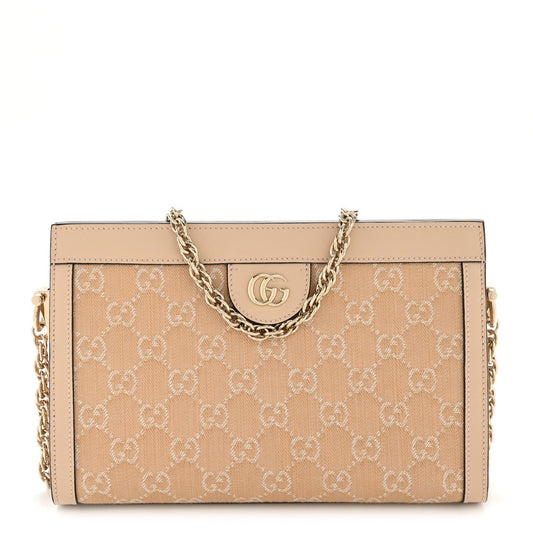 Denim Calfskin GG Monogram Small Ophidia Chain Shoulder Bag Light Beige
