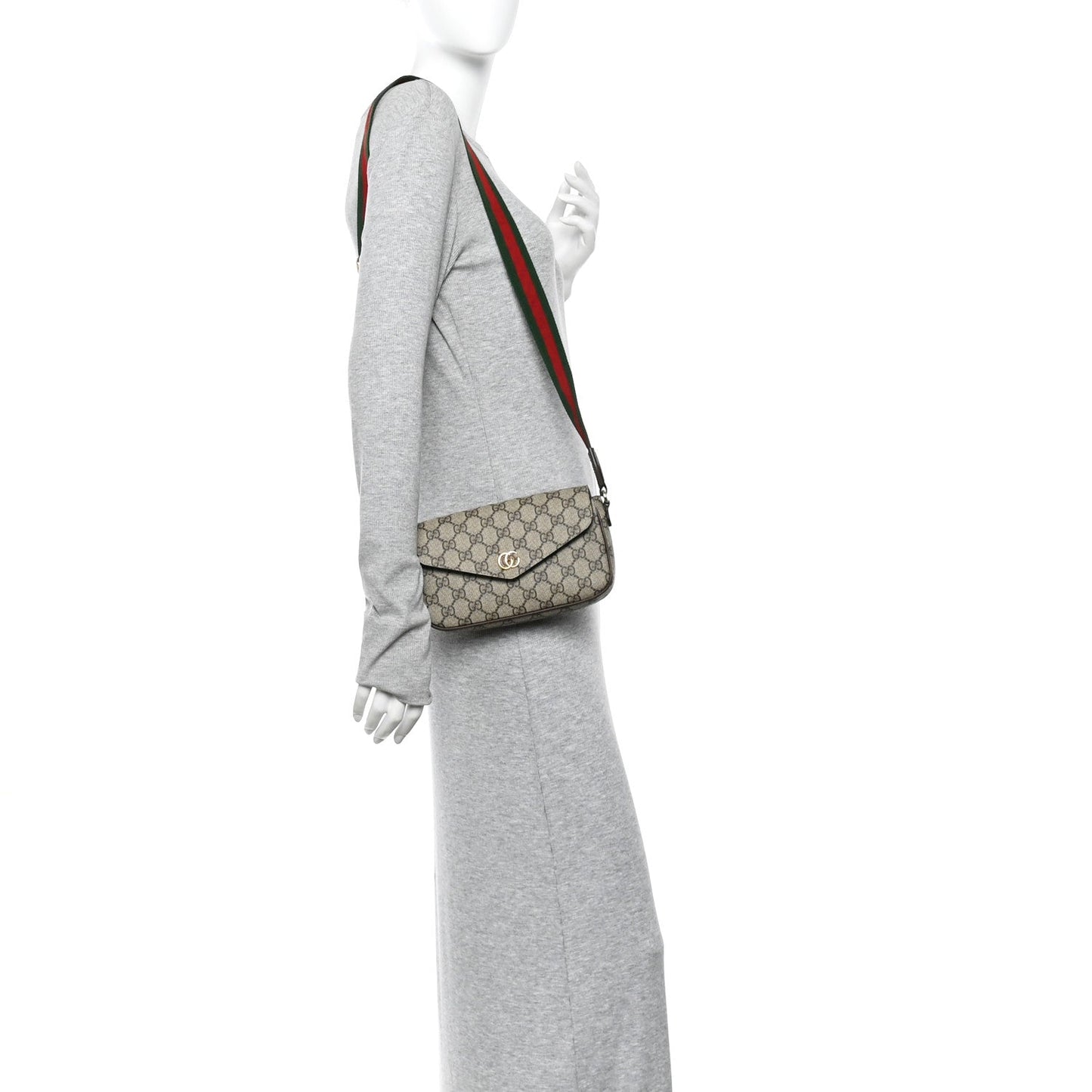 GG Supreme Monogram Textured Dollar Calfskin Web Mini Ophidia Envelope Shoulder Bag Beige Ebony