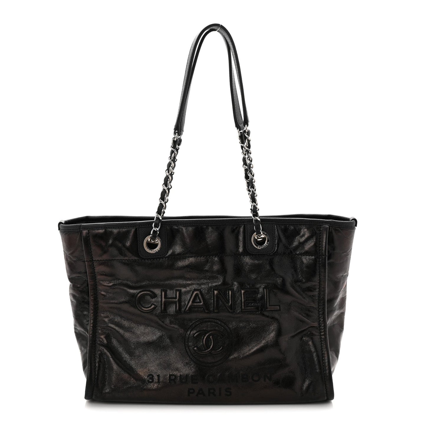 Glazed Calfskin Small Deauville Tote Black
