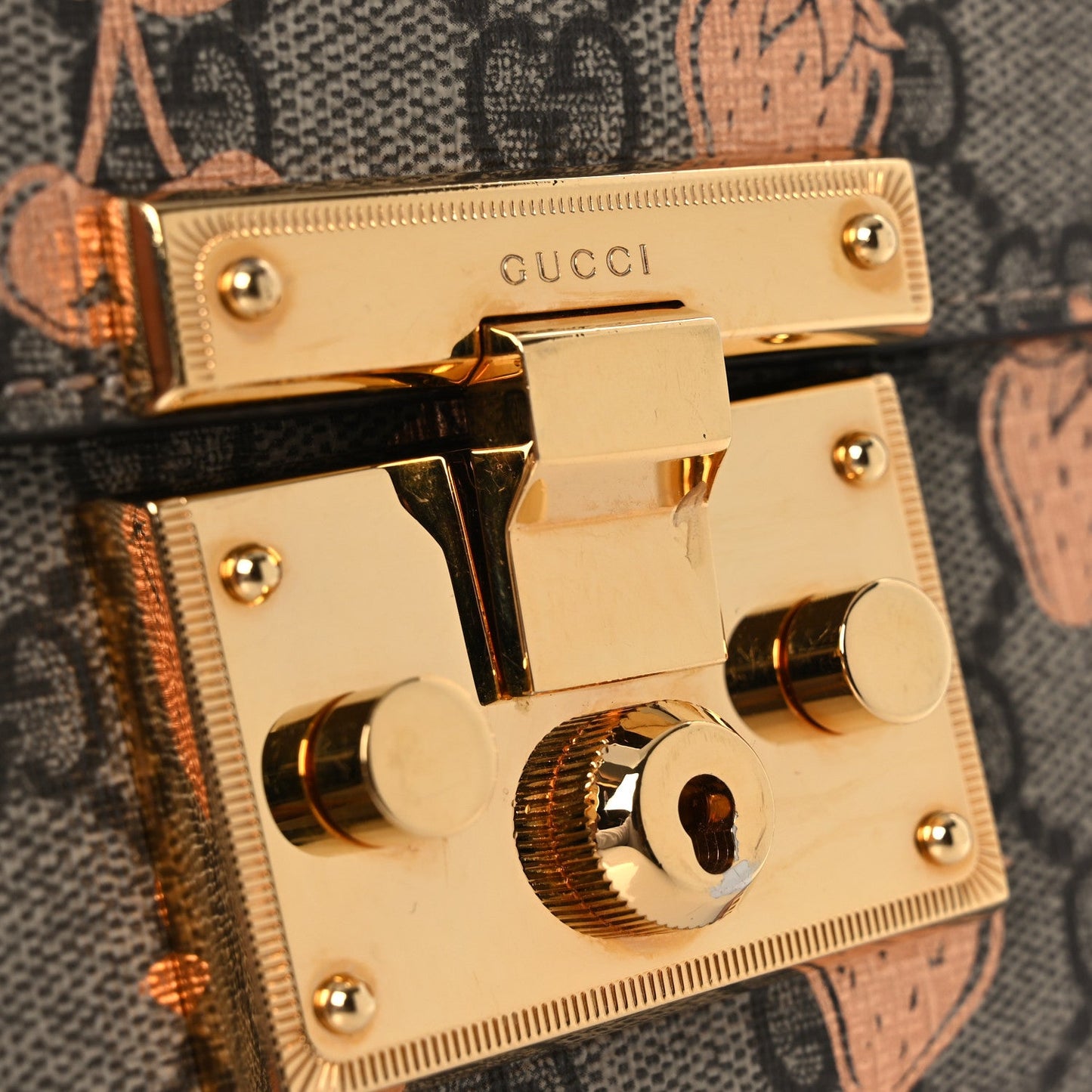 GG Supreme Monogram Berry Textured Dollar Calfskin Small Padlock Shoulder Bag Beige Ebony Light Copper Mystic White