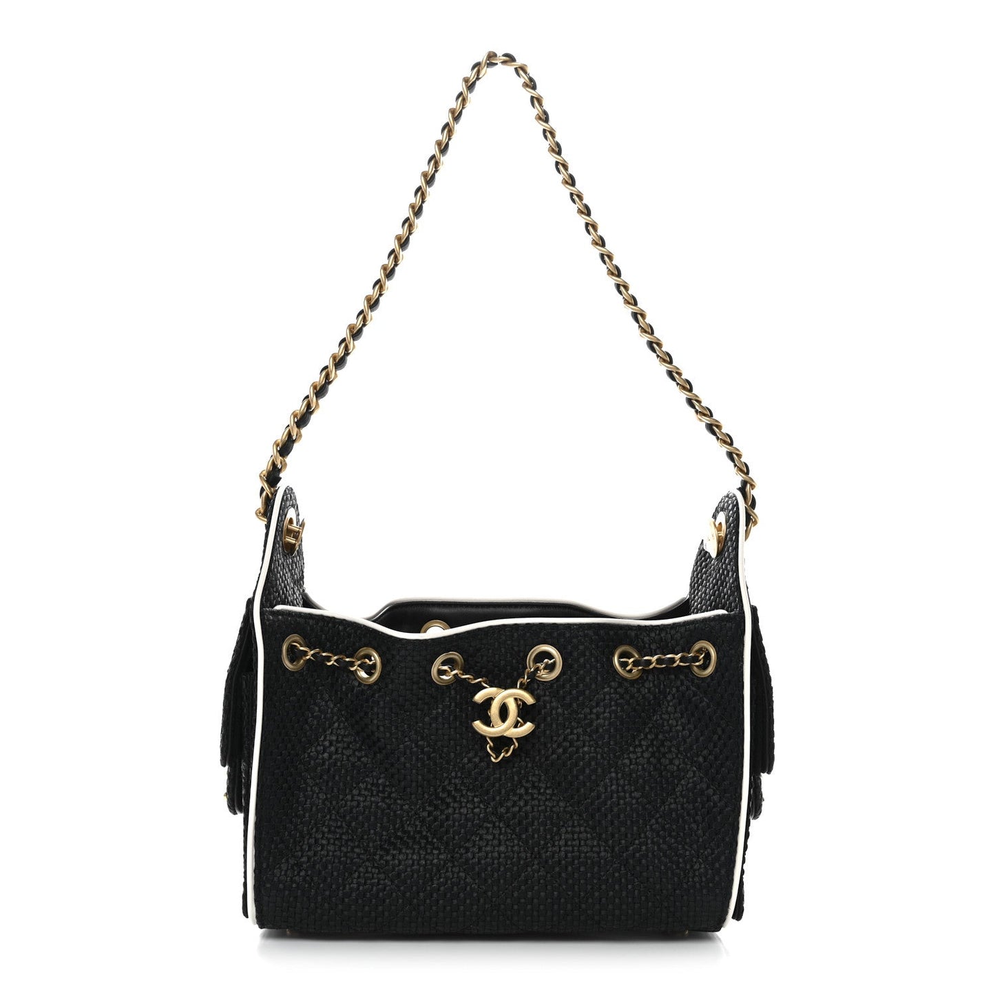 Braided Raffia Calfskin Quilted Mini Chanel 25 Handbag Black White