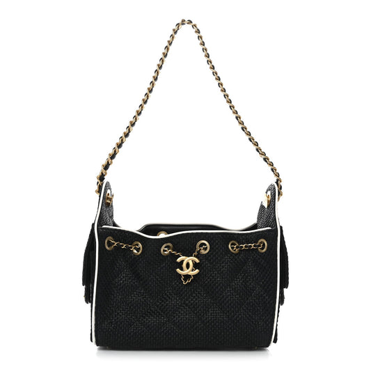 Braided Raffia Calfskin Quilted Mini Chanel 25 Handbag Black White
