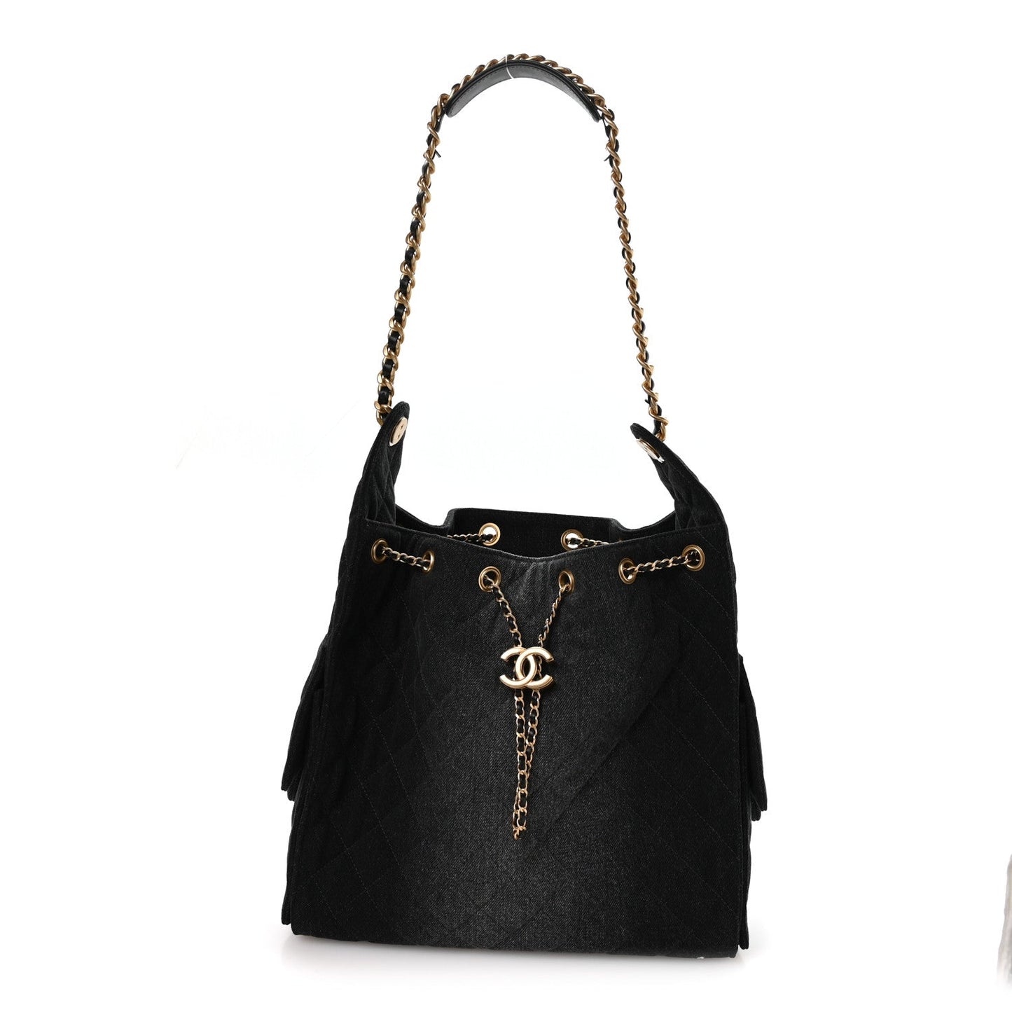 Washed Denim Quilted Medium Chanel 25 Handbag Black