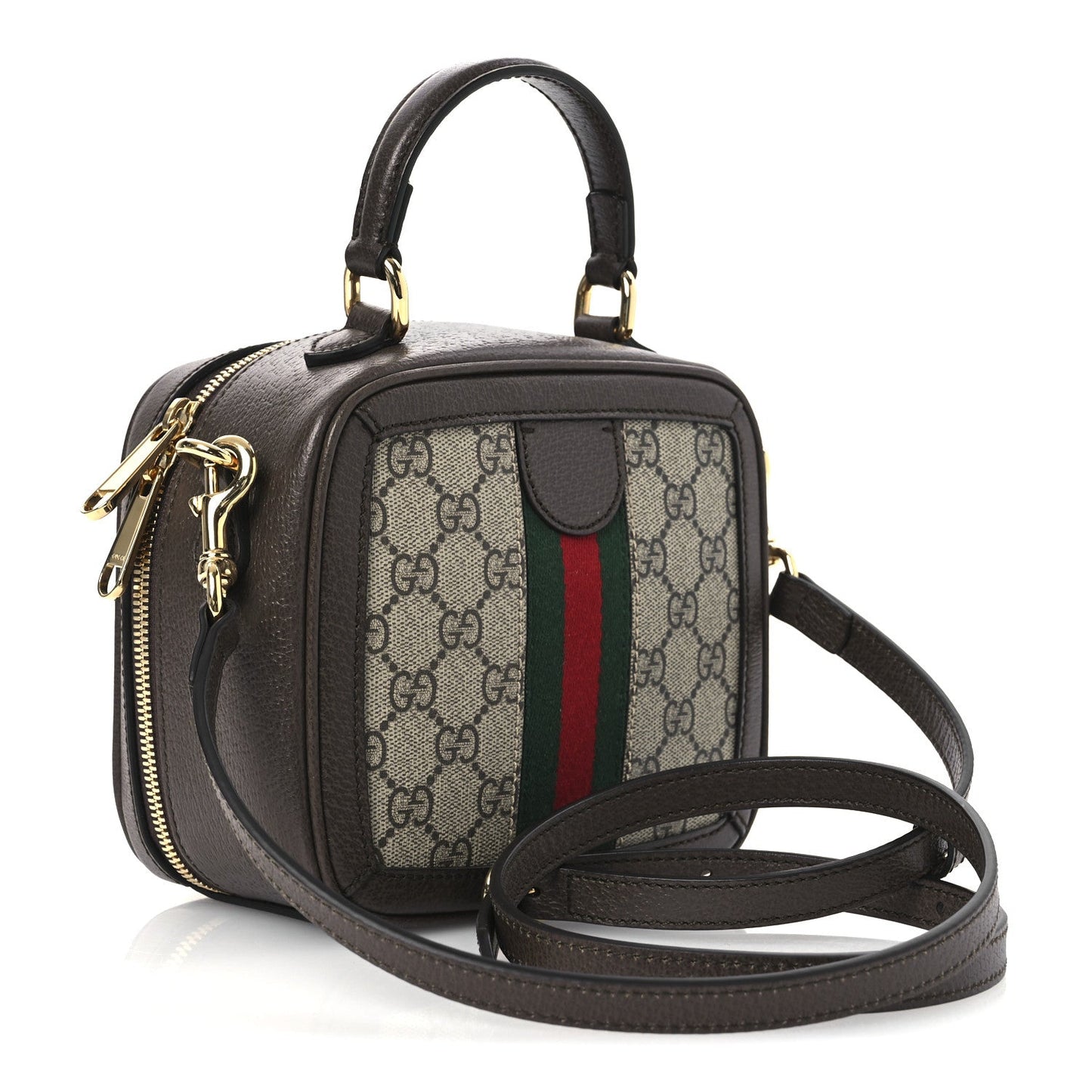 GG Supreme Monogram Textured Dollar Calfskin Mini Ophidia Top Handle Square Shoulder Bag Beige Ebony New Acero