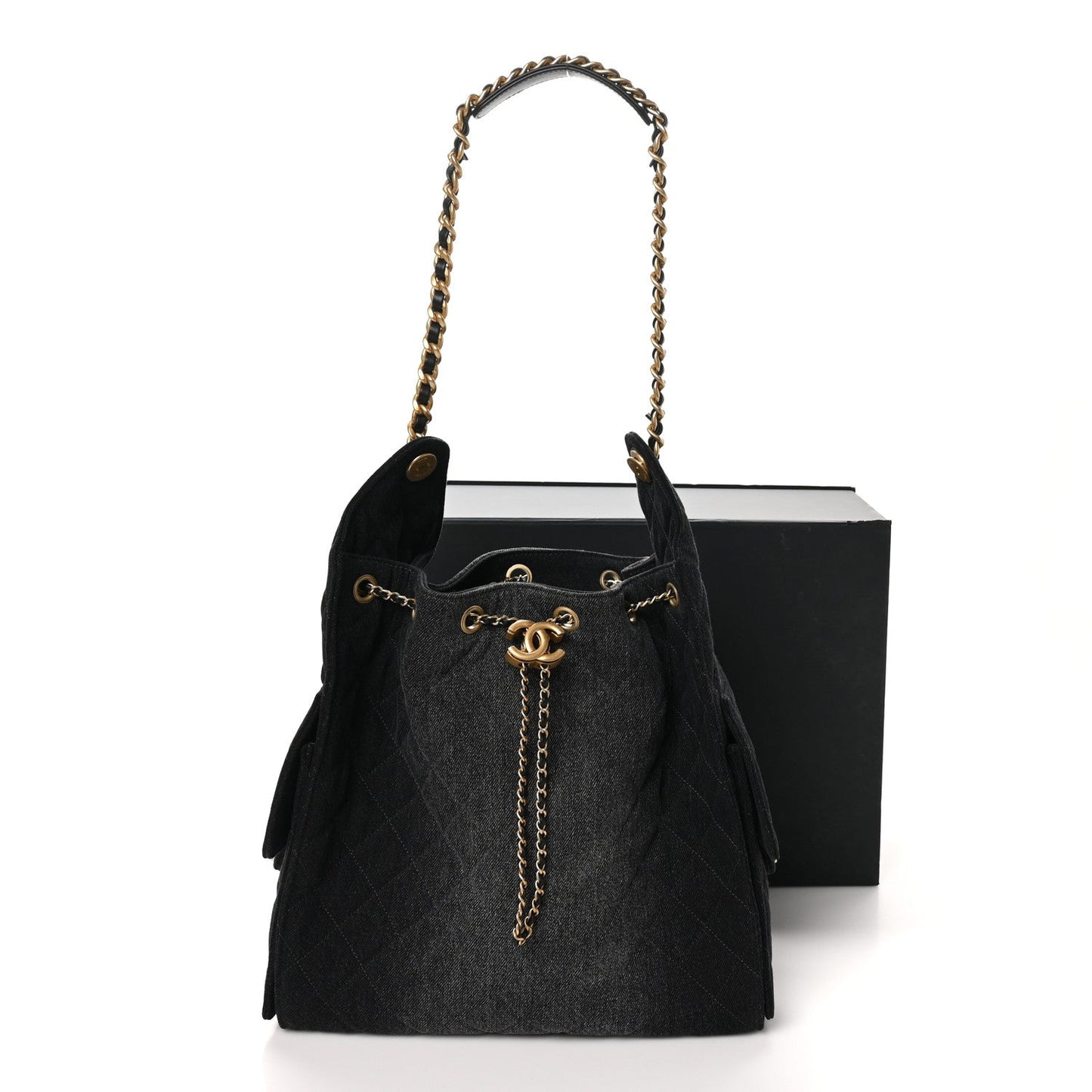 Washed Denim Quilted Medium Chanel 25 Handbag Black