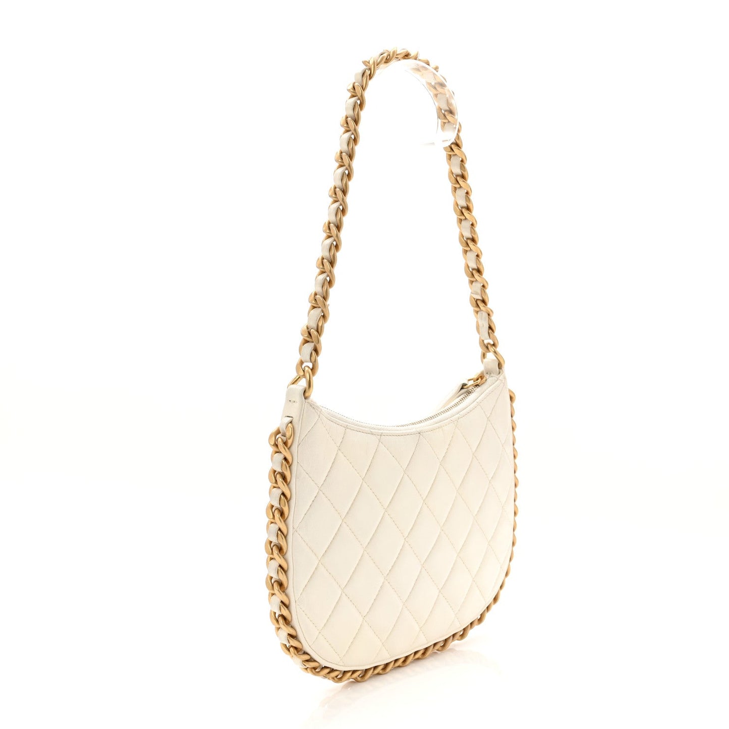 Shiny Crumpled Lambskin Quilted Trendy Chain Around Hobo White
