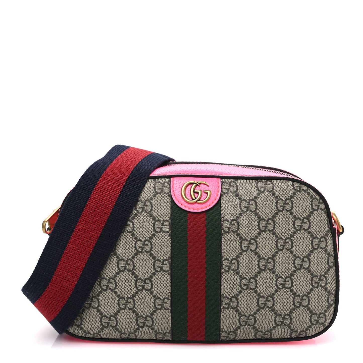 GG Supreme Monogram Textured Dollar Calfskin Web Ophidia Small Crossbody Bag Beige Ebony Fuchsia