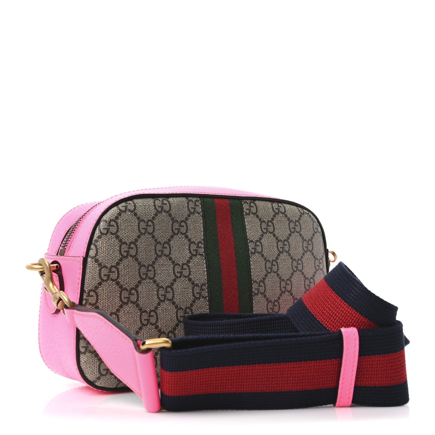 GG Supreme Monogram Textured Dollar Calfskin Web Ophidia Small Crossbody Bag Beige Ebony Fuchsia