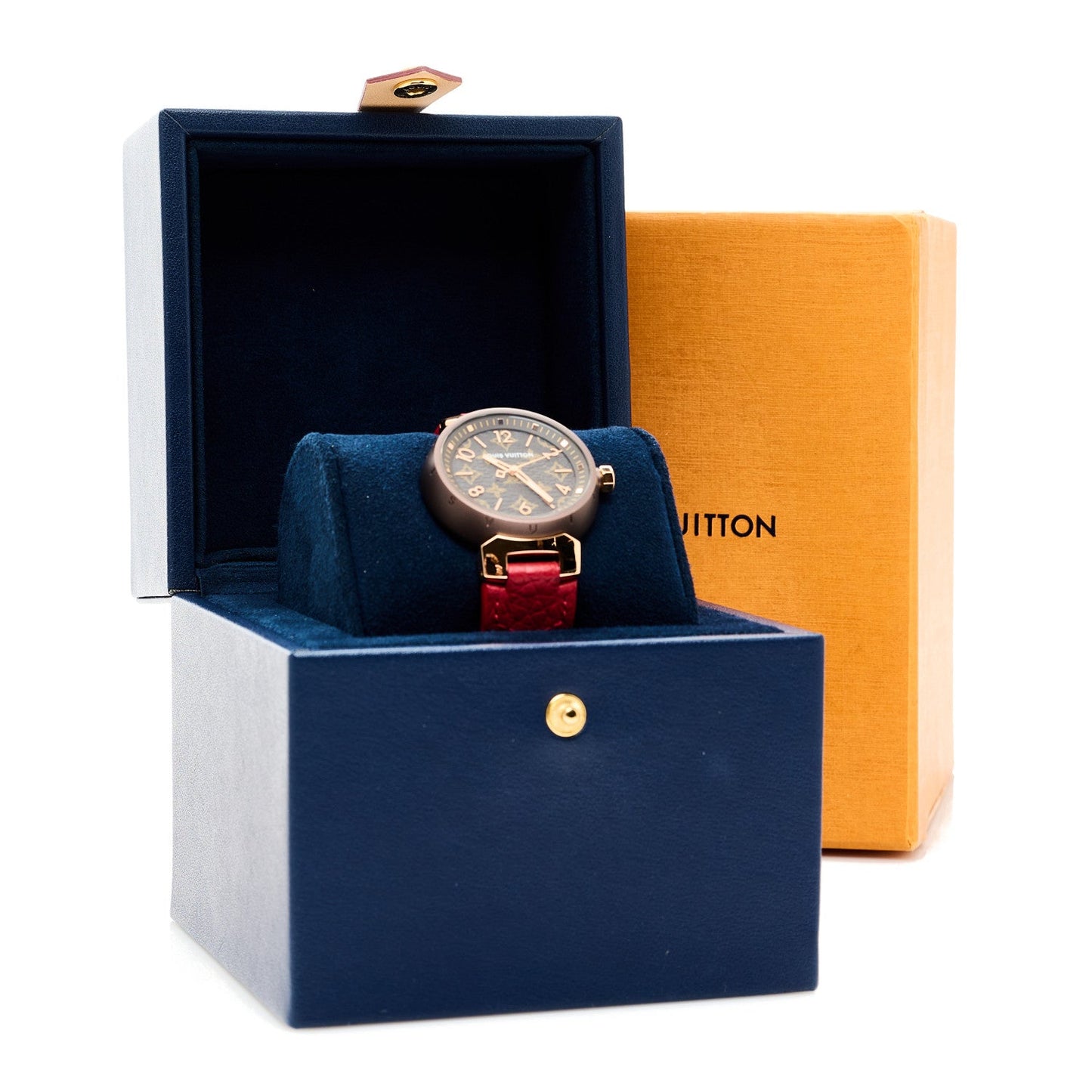 Stainless Steel 18K Rose Gold Monogram 34mm Tambour Quartz Watch Brown