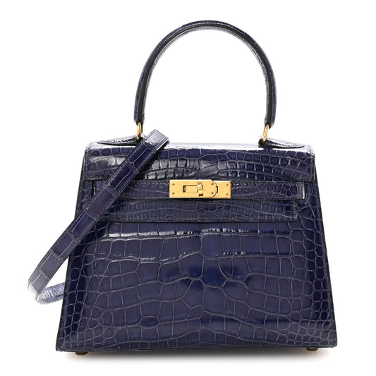Shiny Alligator Mini Kelly Sellier 20 Bleu Roi