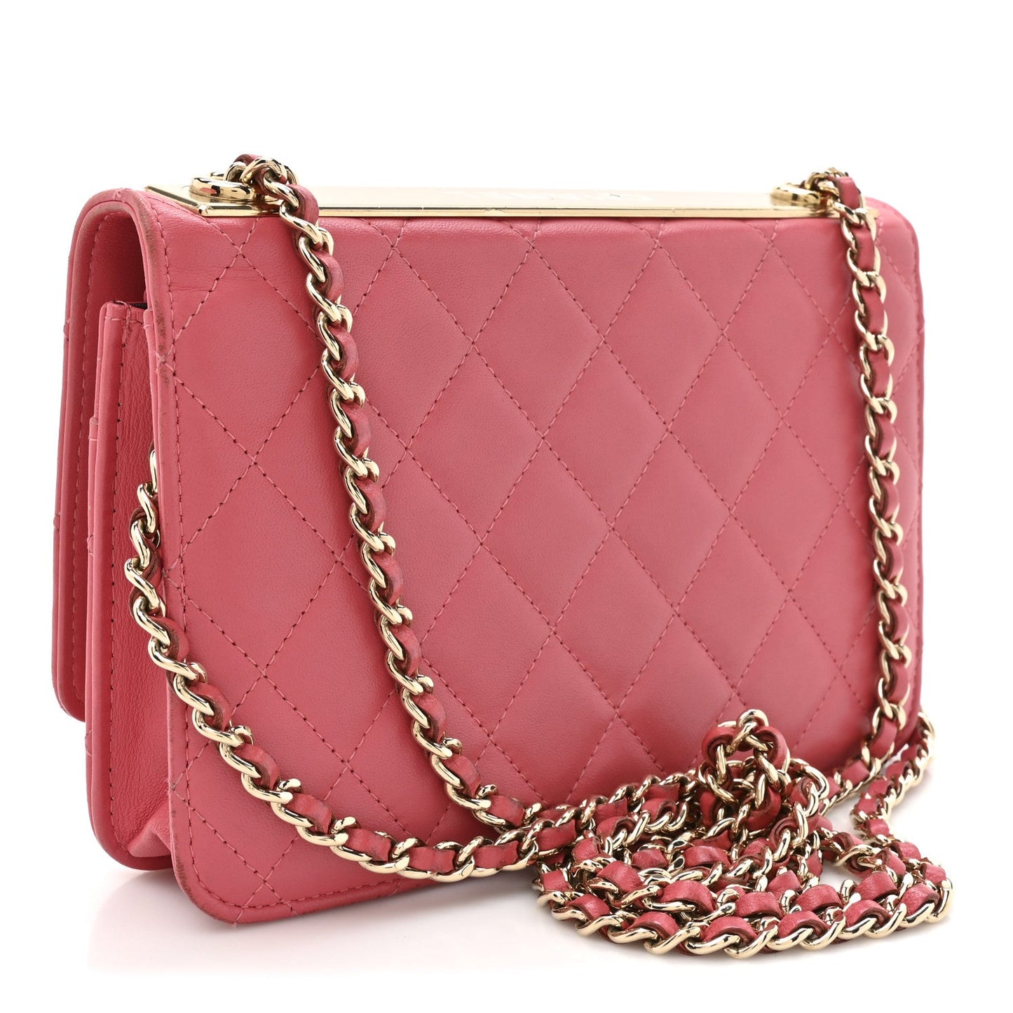 Lambskin Quilted Trendy CC Wallet On Chain WOC Bright Pink