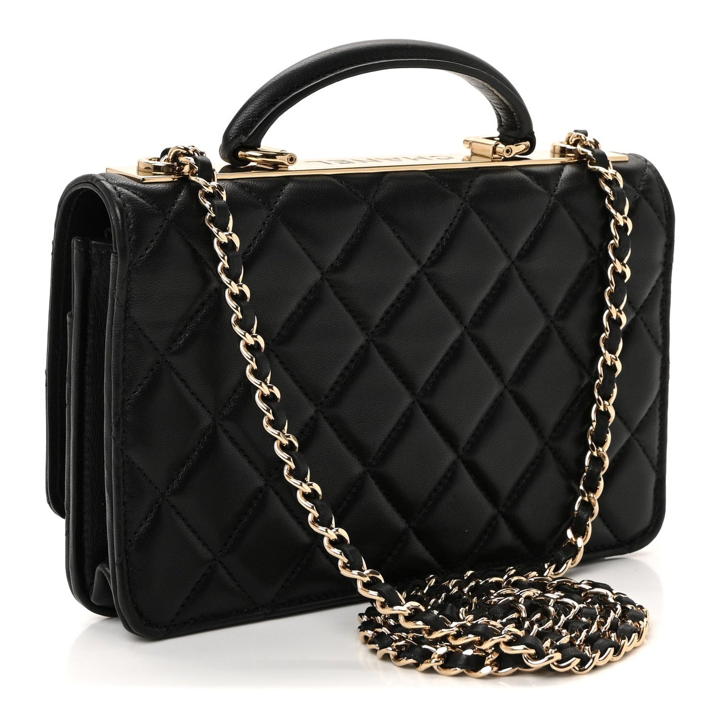 Lambskin Quilted Top Handle Trendy CC Wallet On Chain WOC Black
