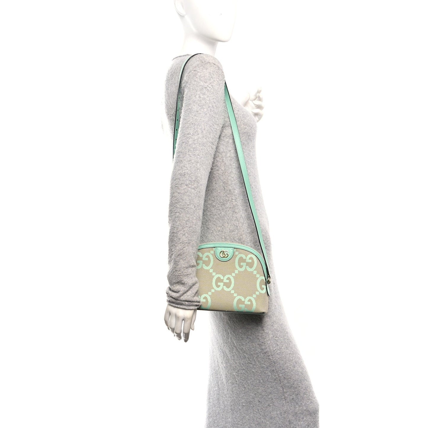 Monogram Jumbo GG Textured Dollar Calfskin Small Ophidia Dome Shoulder Bag Beige Pepperlight Mint