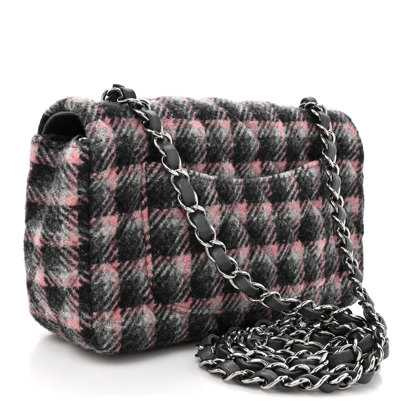 Wool Plaid Quilted Mini Rectangular Flap Pink Grey Multicolor