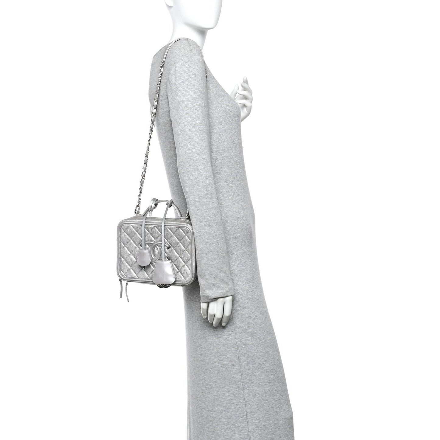 Metallic Caviar Quilted Medium CC Filigree Vanity Case Silver
