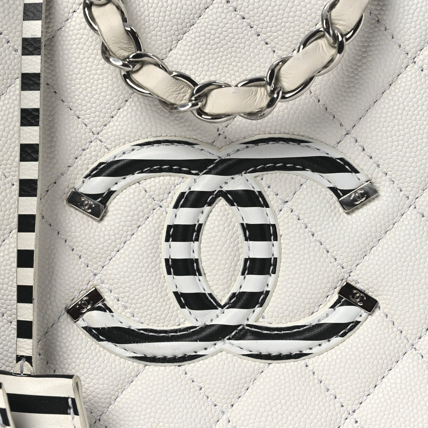 Caviar Quilted Striped Medium CC Filigree Vanity Case White Black