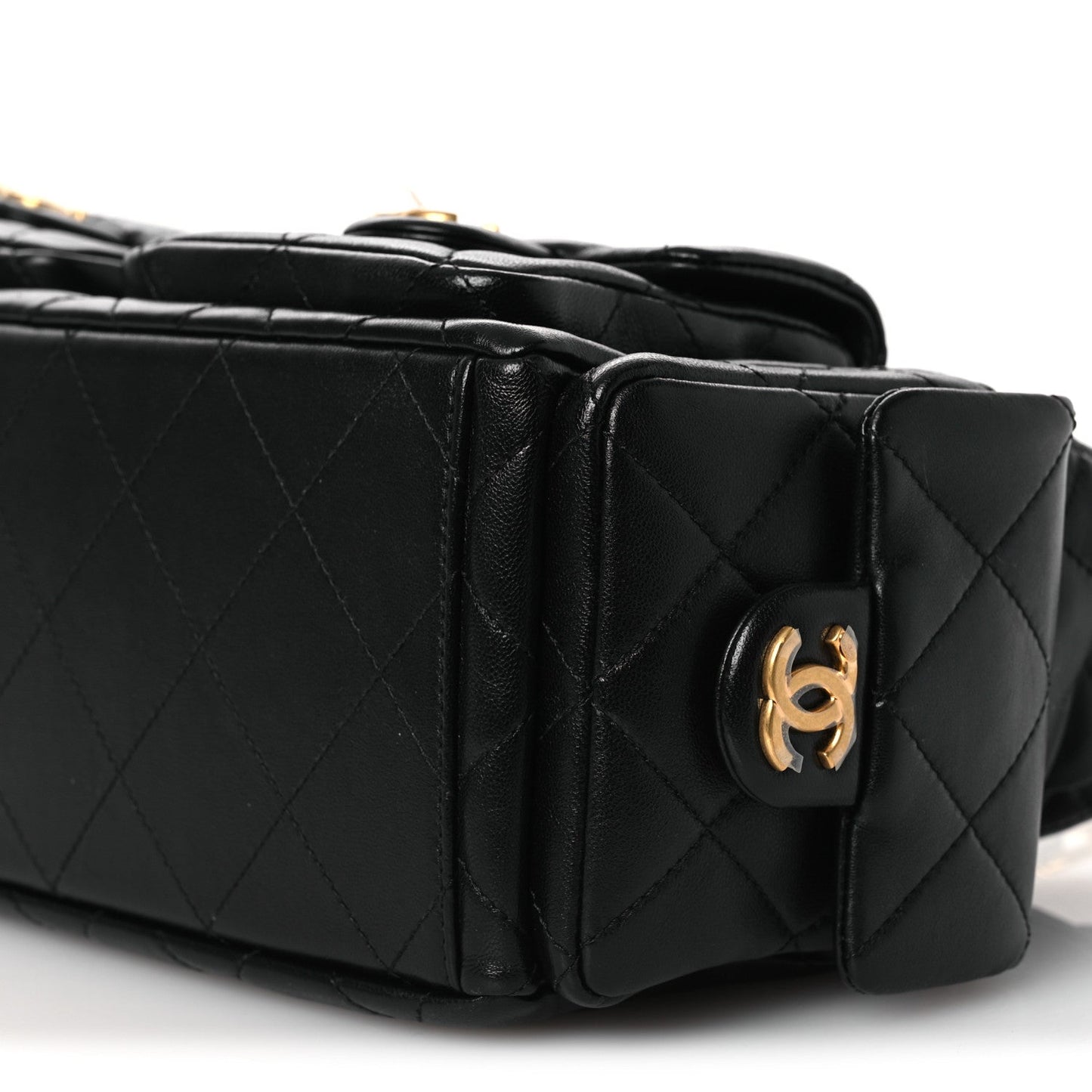 Shiny Lambskin Quilted Trendy Pockets Hobo Black