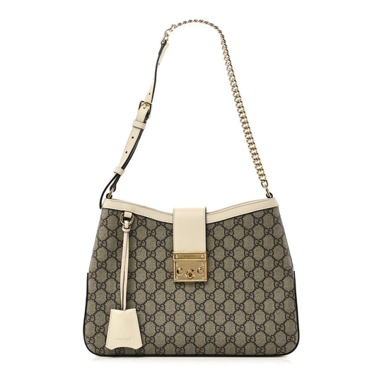 GG Supreme Monogram Moon Calfskin Medium Padlock Shoulder Bag Beige Ebony Mystic White