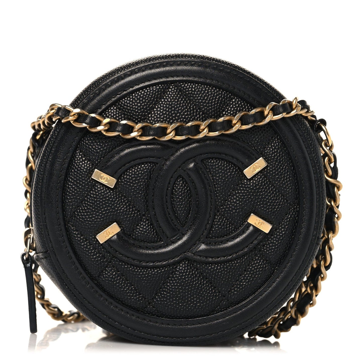 Caviar Quilted Round Filigree Crossbody Black