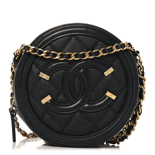 Caviar Quilted Round Filigree Crossbody Black